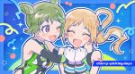  2girls :d ;d bare_shoulders blonde_hair blue_background cherry closed_eyes commentary_request cone_hair_bun double_bun facing_viewer food fruit fukuhara_ann gloves green_hair green_shirt hair_bun hands_up highres hug idol_clothes long_hair looking_at_another morizono_wakana multiple_girls one_eye_closed open_mouth outline pretty_rhythm pretty_rhythm_rainbow_live pretty_series purple_eyes shirt short_hair side_ponytail sleeveless sleeveless_shirt smile techimi upper_body white_gloves white_outline 