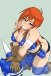  1girl armlet armor bare_shoulders belt blue_armor breasts brown_gloves brown_hair cleavage daisy_(dq) dragon_quest dragon_quest_yuusha_abel_densetsu fake_horns feet_out_of_frame gloves helmet highres horned_helmet horns long_hair looking_at_viewer simple_background smile solo sorashu thighhighs 