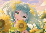  1girl :d absurdres aqua_eyes aqua_hair ava_illust bow close-up cloud cloudy_sky commentary_request eyelashes field floating_hair flower flower_field hair_between_eyes hair_bow hatsune_miku head_tilt highres holding holding_flower long_hair looking_at_viewer open_mouth outdoors shirt sidelocks sky smile solo sunflower sunset twintails vocaloid white_shirt yellow_bow yellow_flower yellow_petals 