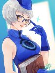  1girl adjusting_eyewear bare_shoulders black-framed_eyewear blue_dress blue_gloves blue_hat bob_cut book breasts commentary_request dated dress elizabeth_(persona) glasses gloves grey_hair hat highres holding holding_book index_finger_raised lips looking_at_viewer medium_breasts parted_lips persona persona_3 pink_lips qoo1234 short_hair signature sleeveless sleeveless_dress smile solo yellow_eyes 