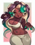  1girl breasts cephalopod_eyes cleavage crop_top dark-skinned_female dark_skin green_eyes highres large_breasts long_hair marina_(splatoon) mole mole_under_mouth multicolored_hair navel_piercing octoling piercing riz splatoon_(series) splatoon_2 suction_cups tagme teeth tentacle_hair upper_teeth_only 