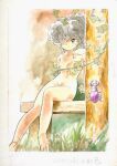  1980s_(style) 1girl azuma_hideo breasts completely_nude curly_hair grey_hair hair_over_one_eye leaf long_hair medium_breasts nipples non-web_source nude original painting_(medium) plant ponytail retro_artstyle sitting solo stag_beetle traditional_media vines watercolor_(medium) 