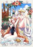  2girls 3boys absurdres angel_wings animal_ears bikini black_one-piece_swimsuit blonde_hair blue_eyes blue_hair blue_sky braid breasts breath_of_fire breath_of_fire_iii coconut_tree commentary feathered_wings fishing_rod flower full_body garr green_eyes hair_flower hair_ornament highres honey_(breath_of_fire) long_hair looking_at_viewer maruno momo_(breath_of_fire) multiple_boys multiple_girls nina_(breath_of_fire_iii) one-piece_swimsuit open_mouth palm_tree pince-nez rei_(breath_of_fire) ryuu_(breath_of_fire_iii) short_hair sky smile swimsuit tree twin_braids water white_wings wings 