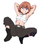  1girl armpits arms_behind_head blue_eyes blush breasts brown_hair covered_nipples full_body funnyari grey_pants grin gundam gundam_suisei_no_majo looking_at_viewer midriff navel pants shirt short_hair simple_background skin_tight small_breasts smile solo sophie_pulone spread_legs white_background white_shirt 