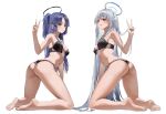  2girls absurdres alternate_costume ass bare_arms bare_legs bare_shoulders barefoot black_bra black_halo black_panties blue_archive blue_eyes blue_hair blush bra breasts closed_mouth commentary feet from_behind full_body grey_hair hair_between_eyes halo hand_up highres id_card kneeling lanyard legs licking_lips lingerie long_hair looking_at_viewer looking_back medium_breasts multiple_girls navel noa_(blue_archive) official_alternate_costume panties purple_eyes simple_background smile soles stomach thighs toes tongue tongue_out twisted_torso underwear underwear_only v very_long_hair white_background yohwa yuuka_(blue_archive) 