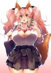  1girl animal_ear_fluff animal_ears bag between_breasts breasts bubble_tea cleavage clothes_around_waist cowboy_shot curvy fate/extella fate/extra fate_(series) fox_ears fox_girl fox_tail gradient gradient_background highres huge_breasts jacket jacket_around_waist kuronyan long_hair miniskirt necktie open_mouth partially_unbuttoned pink_hair pleated_skirt school_bag school_uniform shirt shirt_tucked_in simple_background skirt smile solo tail tamamo_(fate) tamamo_jk_(fate) twintails white_shirt yellow_eyes 