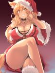  &gt;:) 1girl animal_ear_fluff animal_ears bare_shoulders bell blonde_hair breasts choker cleavage clow_pose crossed_legs detached_sleeves fox_ears fox_tail fur_trim gradient gradient_background grin hat highres kuronyan large_breasts long_hair neck_bell santa_dress santa_hat simple_background smile solo suzuka_gozen_(fate) suzuka_gozen_(santa)_(fate) tail thighs v-shaped_eyebrows yellow_eyes 