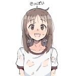  1girl arms_at_sides arrow_(symbol) azumanga_daioh blush breath brown_eyes brown_hair collarbone embarrassed english_commentary gym_shirt gym_uniform highres kasuga_ayumu long_hair looking_at_viewer nervous_smile open_mouth pointing pointing_down see-through see-through_shirt shirt short_sleeves simple_background sketch smile sportswear steam sweat sweaty_clothes t-shirt translation_request upper_body white_background white_shirt zlix0n 