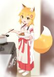  1girl :3 :d absurdres animal_ear_fluff animal_ears apron blonde_hair blush brown_apron commentary_request cooking_pot curry curry_rice fang flower food fox_ears fox_girl fox_tail hair_between_eyes hair_flower hair_ornament hakama hakama_skirt highres holding holding_ladle holding_plate japanese_clothes kimono ladle looking_at_viewer miko on_chair on_stool open_mouth plate red_flower red_hakama ribbon_trim rice senko_(sewayaki_kitsune_no_senko-san) sewayaki_kitsune_no_senko-san skin_fang skirt smile socks solo standing standing_on_chair stove tail vignetting white_kimono white_socks wide_sleeves yellow_eyes yutuki_ame 