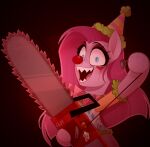blue_eyes chainsaw clothing clown clown_makeup clown_nose cupcakes_(mlp_fanfic) earth_pony equid equine female friendship_is_magic hasbro hat headgear headwear horse looking_at_viewer mammal my_little_pony party_hat pinkie_pie_(mlp) pony power_tool red_background red_theme sharp_teeth simple_background solo teeth thewandie tools