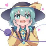  1girl :d absurdres black_hat blush buttons diamond_button eyeball frilled_sleeves frills green_eyes green_hair hands_on_own_cheeks hands_on_own_face hat hat_ribbon heart high_meron highres komeiji_koishi long_sleeves looking_at_viewer ribbon shirt short_hair simple_background smile solo third_eye touhou white_background wide_sleeves yellow_ribbon yellow_shirt 