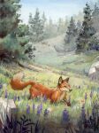 2024 acrylic_painting_(artwork) akatan_art ambiguous_feral ambiguous_gender brown_ears canid canine day dipstick_tail feral flower fox fur grass hi_res mammal markings orange_body orange_eyes orange_fur orange_tail outside painting_(artwork) plant quadruped red_fox rock signature sky solo tail tail_markings traditional_media_(artwork) tree true_fox white_body white_fur white_tail