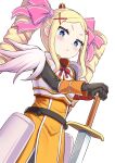  1girl :&lt; armor beatrice_(re:zero) black_gloves blonde_hair blue_eyes blush bow cosplay cowboy_shot darkness_(konosuba) darkness_(konosuba)_(cosplay) dress drill_hair gloves hair_ornament long_hair long_sleeves looking_at_viewer pink_bow re:zero_kara_hajimeru_isekai_seikatsu s_(hdru2332) solo sword twin_drills twintails weapon x_hair_ornament 