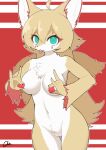 anthro big_breasts breasts canid canine canis female food fruit fur genitals glin720 hair hi_res kemono looking_at_viewer mammal nude plant pussy smile solo tongue