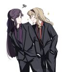  2girls black_gloves black_hairband black_jacket black_necktie black_pants black_suit blonde_hair brown_hair closed_mouth collared_shirt commentary cowboy_shot eye_contact gloves hairband hand_on_another&#039;s_shoulder highres jacket long_hair looking_at_another multiple_girls necktie pants purple_eyes purple_shirt red_eyes red_shirt rtf_11th saijou_claudine shirt shoujo_kageki_revue_starlight simple_background smile sparkle squiggle suit suit_jacket tendou_maya twitter_username white_background 