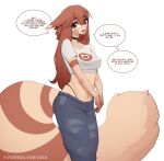 2024 absurd_res bottomwear breasts brown_eyes brown_hair clothing collar english_text female fluffy fluffy_tail furret generation_2_pokemon hair hi_res humanoid linked_speech_bubble luxurias medium_breasts navel nintendo open_mouth pants pokeball pokeball_collar pokemon pokemon_(species) pokemon_humanoid shirt simple_background solo speech_bubble tail text topwear white_background white_clothing white_shirt white_topwear