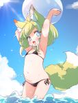  1girl animal_ear_fluff animal_ears antenna_hair armpits arms_up ball beachball bikini black_bikini blue_eyes blue_sky blush commentary_request cowboy_shot done_(donezumi) fang flat_chest fox_ears fox_girl fox_tail green_hair highres holding holding_ball holding_beachball looking_at_viewer medium_hair navel open_mouth original outdoors partially_submerged side-tie_bikini_bottom skin_fang sky smile solo sunlight swimsuit tail tareme thick_eyebrows water wet 