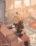  1boy absurdres armor artist_name bed black_gloves blonde_hair blurry blurry_background book buster_sword closed_eyes closed_mouth cloud_strife commentary desk desk_lamp dukehooverart final_fantasy final_fantasy_vii final_fantasy_vii_rebirth final_fantasy_vii_remake gloves highres indoors instrument lamp male_focus music piano piano_bench playing_instrument playing_piano shoulder_armor sitting sleeveless sleeveless_turtleneck smile solo spiked_hair suspenders sweater sword sword_on_back turtleneck turtleneck_sweater weapon weapon_on_back window 