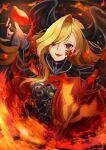  1girl absurdres armor armored_bodysuit black_armor black_bodysuit black_gloves black_horns blonde_hair bodysuit breasts cape dragon_horns facial_mark fate/grand_order fate_(series) flaming_sword flaming_weapon fur-trimmed_cape fur_trim gloves hair_over_one_eye highres horns large_breasts long_hair long_horns nero_claudius_(fate) pointy_ears queen_draco_(fate) queen_draco_(third_ascension)_(fate) red_eyes red_scales shoulder_plates smile solo user_wweg7884 wavy_hair 