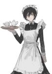  1boy alternate_costume apron black_dress brown_eyes crossdressing cup danganronpa_(series) danganronpa_v3:_killing_harmony dress enmaided feet_out_of_frame frown fu_ga_(vivi912912) highres holding holding_tray long_sleeves maid maid_apron maid_headdress saihara_shuichi simple_background solo sweat teacup tray white_background 