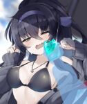  bags_under_eyes bikini black_bikini blue_archive can cardigan grey_cardigan hairband hands_up highres jewelry necklace one_eye_closed purple_hairband surprised sweatdrop swimsuit ui_(blue_archive) ui_(swimsuit)_(blue_archive) wavy_mouth yarareimu 