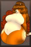 2023 4_fingers accessory anthro artist_name bangs belly big_belly breasts brown_body brown_fur brown_hair brown_nose canid canine canis chest_tuft claws colored digital_drawing_(artwork) digital_media_(artwork) domestic_dog featureless_breasts female finger_claws fingers flower frown fur fur_markings grey_background hair hair_accessory hair_over_eyes hair_tie hazel_(australisequine) hi_res leaning leaning_backward lips long_hair mammal markings multicolored_body multicolored_fur navel nude petals pink_lips plant ponytail pregnant pregnant_anthro pregnant_female rakkyoarts red_flower rose_(flower) shaded simple_background solo thick_bottom_lip thick_thighs tuft white_body white_fur wide_hips