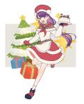  1girl belt beret blue_eyes cake christmas_present christmas_tree fate/grand_order fate_(series) food fur-trimmed_skirt fur_trim gift hat highres leg_up long_hair martha_(fate) martha_(santa)_(fate) mayomayo55 mittens pom_pom_(clothes) purple_hair skirt 