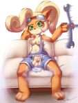 activision anthro bandicoot blonde_hair breasts clothed clothing coco_bandicoot crash_bandicoot_(series) crotch_flap ear_piercing ear_ring female front_view fur furniture genitals green_eyes hair hi_res mammal marsupial mechanic nipples on_sofa orange_body orange_fur orez_art overalls partially_clothed piercing pussy ring_piercing sitting sitting_on_sofa sofa solo spinning_object tools topless wrench