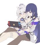  2girls absurdres ahoge bare_shoulders black_flower black_hands black_pantyhose blue_eyes blue_hair breasts cleavage closed_mouth dress flower grey_hair grin hair_between_eyes handheld_game_console hetare_mizu highres holding holding_handheld_game_console honkai_(series) honkai_impact_3rd kiana_kaslana kiana_kaslana_(herrscher_of_finality) long_hair looking_at_another medium_breasts multiple_girls pantyhose purple_eyes raiden_mei raiden_mei_(apho) simple_background sitting smile white_background white_dress yuri 