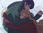  2girls blonde_hair blue_background blush closed_eyes commentary cuddling from_above green_sweater hand_on_another&#039;s_back hand_on_another&#039;s_shoulder highres hug long_hair long_sleeves lying multiple_girls on_side purple_hair red_sweater rtf_11th saijou_claudine shoujo_kageki_revue_starlight sweater tsuyuzaki_mahiru twitter_username yuri 