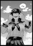  1girl bob_cut breasts cloud day finger_in_own_mouth glasses greyscale hachinuki_tetsuyo hands_up highres jitome large_breasts long_sleeves looking_ahead midriff_peek monochrome mouth_pull neckerchief open_mouth original pleated_skirt school_uniform serafuku shirt_overhang short_hair skirt sky solo speech_bubble tongue tongue_out upper_body 