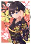  1girl absurdres antennae arm_behind_head bird_wings black_hair black_kimono blue_eyes blush commentary_request eyebrows_visible_through_hair floral_print hair_between_eyes hair_ornament hair_tucking hand_up head_wings highres japanese_clothes kemono_friends kimono light_blush lips looking_at_viewer new_year noginogiro obi petals sash short_hair smile solo upper_body western_parotia_(kemono_friends) wide_sleeves wings 