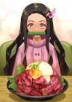  1girl alternate_costume bit_gag black_hair bowl commentary_request danryoku_r donburi drawstring drooling food fried_egg gag good_meat_day hair_ribbon heart heart-shaped_pupils highres hood hood_down hoodie kamado_nezuko kimetsu_no_yaiba lettuce long_hair meat pink_eyes pink_hoodie pink_ribbon ribbon roast_beef sitting solo symbol-shaped_pupils upper_body 