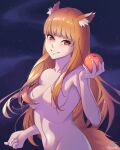  1girl animal_ear_fluff animal_ears apple blunt_bangs breasts brown_hair cleavage collarbone commentary completely_nude english_commentary eyelashes floating_hair food fruit grin hair_censor hair_over_breasts hand_up highres holding holding_food holding_fruit holo light_blush long_hair looking_at_viewer medium_breasts midriff navel night night_sky nose nude outdoors ranveld red_eyes sidelocks signature sky smile solo spice_and_wolf tail tsurime upper_body very_long_hair wolf_girl wolf_tail 