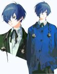  1boy absurdres ahoge black_skirt blue_cardigan blue_eyes blue_hair buttons cardigan chinese_commentary closed_mouth collared_jacket collared_shirt commentary gekkoukan_high_school_uniform green_jacket green_ribbon hair_between_eyes hair_over_one_eye headphones headphones_around_neck highres jacket long_sleeves looking_to_the_side male_focus miyu_(shiyemiyu) neck_ribbon open_clothes open_jacket open_mouth persona persona_3 ribbon school_uniform shirt short_hair simple_background skirt solo standing white_background white_shirt yuuki_makoto_(persona_3) 