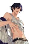  1boy absurdres bare_shoulders belt belt_buckle black_hair brown_belt buckle clothes_lift collarbone flipped_hair hair_between_eyes highres hip_bones ichinose_tokiya jacket jacket_partially_removed licking_lips looking_at_viewer male_focus midriff noroinoenojin pants purple_eyes seductive_smile shirt shirt_lift short_hair simple_background sleeveless sleeveless_shirt smile solo teeth tongue tongue_out upper_body upper_teeth_only uta_no_prince-sama white_background white_jacket white_pants white_shirt 