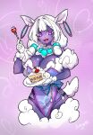 5_fingers anthro big_breasts biped bovid breasts cake caprine clothed clothing dessert dragonfu ear_piercing ear_ring eyebrow_through_hair eyebrows female fingers food hair hi_res mammal open_mouth open_smile piercing purple_eyes ring_piercing sheep smile solo tail translucent translucent_hair white_hair