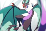  blurry colored_sclera commentary_request green_sclera grey_fur highres looking_down no_humans noivern open_mouth pokemon pokemon_(creature) sasaki_sue solo tongue yellow_eyes 