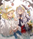  2girls asteria_of_the_white_woods blonde_hair blue_eyes boots box braid dress duel_monster gift gift_box grey_eyes grey_hair hands_up highres long_hair long_sleeves monitor_(udoshiyo) monocle multiple_girls risette_of_the_white_woods twin_braids very_long_hair white_dress white_footwear yu-gi-oh! 