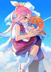  1boy 1girl absurdres blue_eyes blue_hair blue_sky carrying carrying_person citrusplatsoda closed_mouth cloud colored_tips green_hair hair_between_eyes hetero highres inkling inkling_boy inkling_player_character long_hair multicolored_hair octoling octoling_girl octoling_player_character orange_hair outdoors pink_hair pink_skirt pointy_ears sandals short_hair short_ponytail skirt sky smile socks splatoon_(series) tentacle_hair two-tone_hair white_socks yellow_eyes 