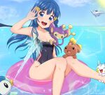  :d aipom armpits bangs black_swimsuit blue_eyes blue_hair blue_sky blush breasts buneary casual_one-piece_swimsuit cleavage collarbone covered_navel dawn_(pokemon) eyebrows_visible_through_hair eyelashes hair_ornament hairclip halterneck highleg highleg_swimsuit innertube long_hair meru_rumi ocean one-piece_swimsuit pachirisu piplup pokemon pokemon_(creature) pokemon_(game) pokemon_dppt shiny shiny_hair shiny_skin signature sky small_breasts smile splashing summer swimsuit togekiss very_long_hair web_address 