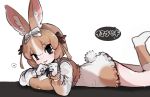  1girl :3 animal_ears black_bow black_bowtie black_eyes blush bow bowtie brown_bow brown_dress brown_socks brown_vest domestic_rabbit_(kemono_friends) dress frilled_sleeves frills gloves hair_between_eyes hair_bow heart highres inu_(user_arjr4358) kemono_friends kemono_friends_3 leg_up light_brown_hair long_sleeves looking_at_viewer lying multicolored_hair on_stomach puffy_sleeves rabbit_ears rabbit_girl rabbit_tail short_hair sidelocks smile socks solo spoken_heart tail translation_request two-tone_dress two-tone_hair vest white_bow white_dress white_footwear white_gloves white_hair 