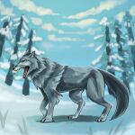 1:1 absurd_res ambiguous_gender canid canine canis claws detailed_background ezpups fangs feral fluffy fur grey_body grey_fur hi_res mammal open_mouth paws plant sharp_teeth snout snow snowing solo teeth toe_claws tree walking wolf