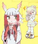  2girls absurdres alpaca_ears alpaca_girl alpaca_suri_(kemono_friends) alpaca_tail animal_ears black_hair blunt_bangs boots closed_eyes cup elbow_gloves frilled_sleeves frills fur_(clothing) fur_collar fur_trim gloves hair_bun hair_over_one_eye hair_tubes highres japanese_crested_ibis_(kemono_friends) kanmoku-san kemono_friends long_sleeves multiple_girls open_mouth pantyhose red_fur red_gloves red_hair shirt short_hair shorts sidelocks smile sweater tail teacup teapot vest white_footwear white_fur white_hair white_pantyhose white_shirt white_shorts white_sweater white_vest yellow_eyes 