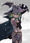  absurdres belly bikini blush cloak cold crossed_arms fake_horns folded_hair green_hair hat highres holding holding_staff horned_hat horned_headwear horns mknnkm2 skirt snow staff swimsuit thick_eyelashes thighhighs unicorn_overlord wind witch_hat yahna_(unicorn_overlord) 