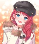  1girl :d asahina_akane_(nijisanji) bangs blue_eyes earrings eyebrows_visible_through_hair fang fur_trim hair_behind_ear head_tilt heart heart_earrings highres hood hooded_jacket jacket jewelry lens_flare looking_at_viewer mugimugigo nijisanji official_alternate_costume open_mouth orange_background red_hair smile solo virtual_youtuber white_jacket 