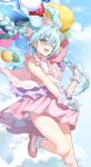  1girl :d balloon bibi_(user_egtz4573) blue_eyes blue_hair blue_sky bow braid cloud cloudy_sky day dress facing_viewer floating_hair foot_out_of_frame frilled_gloves frills gloves hair_between_eyes hair_bow hair_ribbon happy hatsune_miku heart_balloon highres holding holding_balloon holding_clothes holding_skirt leg_up long_hair one_eye_closed open_mouth outdoors pink_bow pink_dress pink_footwear ribbon shoes short_dress skirt sky sleeveless sleeveless_dress smile solo star_balloon thighs vocaloid white_gloves 