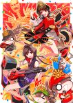  1boy 1girl absurdres black_hair breasts brother_and_sister buster_shirt family_crest fate/grand_order fate_(series) fiery_hair guitar hair_through_headwear hat headphones headphones_around_neck highres instrument jacket letterman_jacket long_hair military_hat navel oda_nobukatsu_(fate) oda_nobunaga_(fate) oda_nobunaga_(swimsuit_berserker)_(fate) oda_nobunaga_(swimsuit_berserker)_(first_ascension)_(fate) oda_uri open_clothes open_jacket open_mouth peaked_cap red_eyes red_shirt shirt siblings skirt smile striped_clothes striped_skirt yui_(tamagohan) 