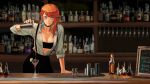  1girl absurdres alternate_costume barmaid breasts cleavage counter cup drinking_glass earrings feather_earrings feathers highres hololive hololive_english iskaydi jewelry large_breasts looking_at_viewer open_clothes open_shirt orange_hair pouring purple_eyes smile solo takanashi_kiara virtual_youtuber 