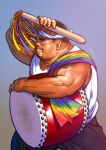  1boy absurdres artist_request asian bara cowboy_shot dark-skinned_male dark_skin drum drumsticks facial_hair from_side goatee grin hachimaki headband highres holding holding_drumsticks instrument lgbt_pride male_focus mature_male muscular muscular_male mustache_stubble okinawa original pectoral_cleavage pectorals plump profile rainbow_flag_print sanpaku shirt short_hair sideburns sleeveless sleeveless_shirt smile solo standing stubble summer taiko_drum taiko_sticks thick_eyebrows towel towel_around_neck 